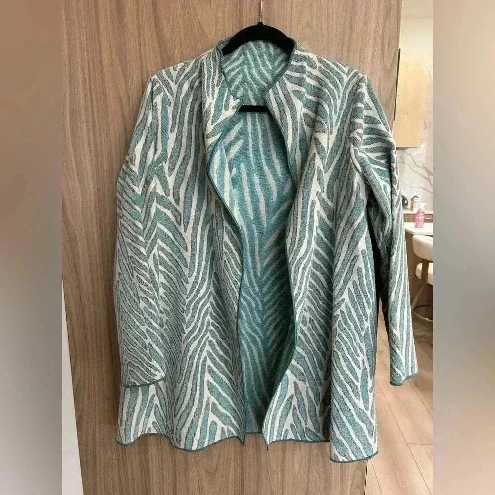 Winding River tapestry long cardigan Small Teal White Stripes River Pattern boho